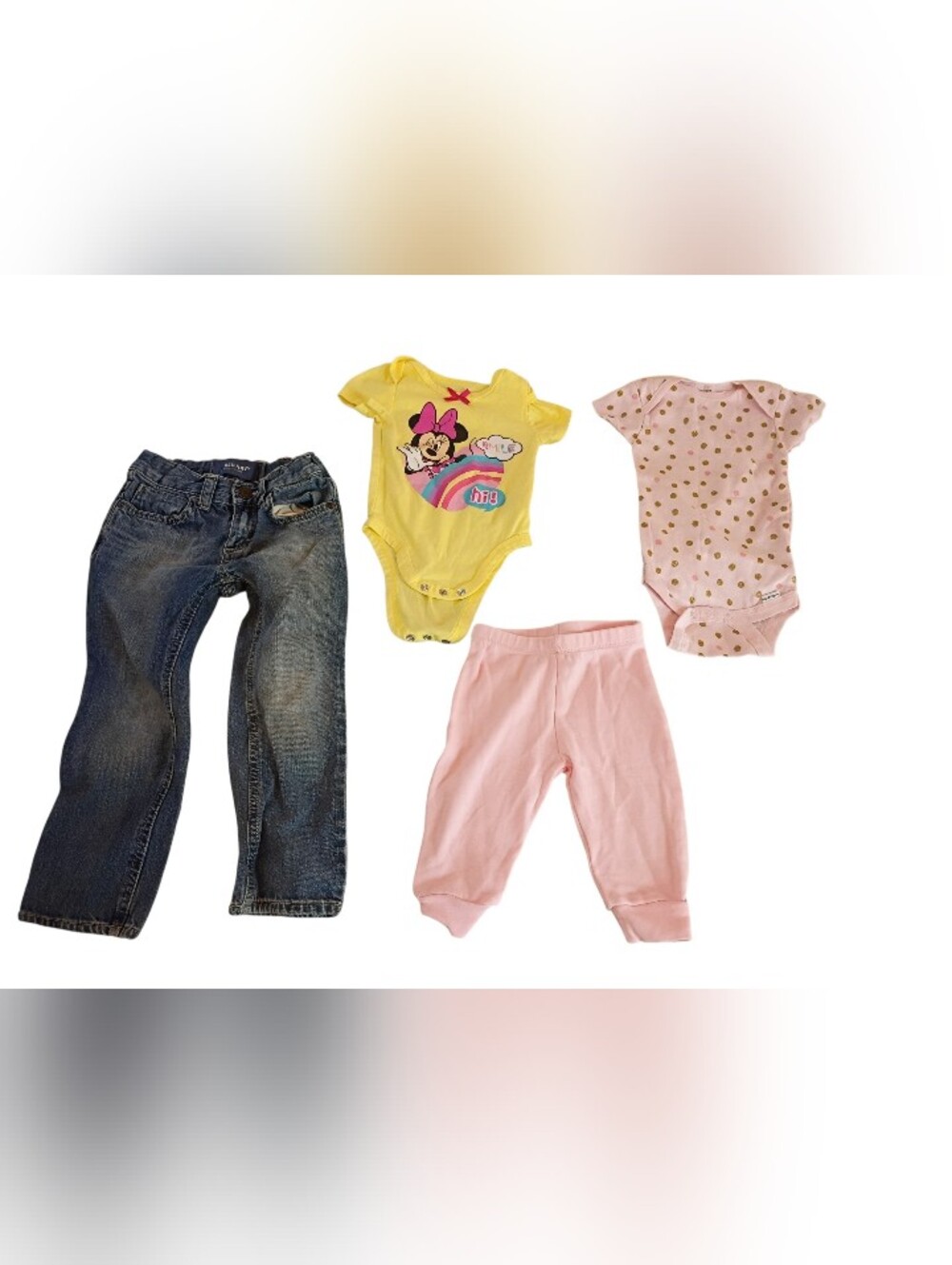 Minnie Mouse Yellow Graphic Bodysuit + Pink Polka Dot Bodysuit & Jeans